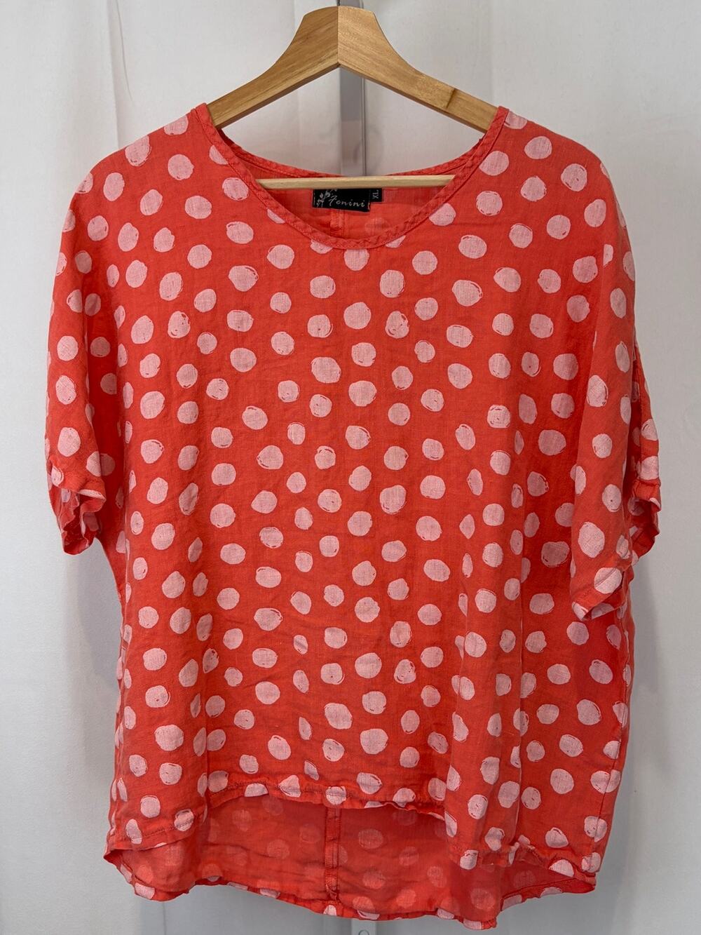 FENINI Linen Polka Dot Print Short Sleeve Boxy Top Artsy Lagenlook Coral USA XL